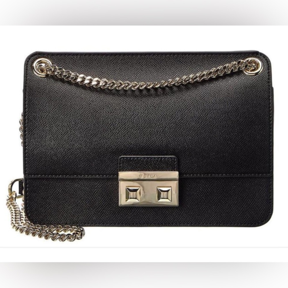 FURLA “Bella” bag saffiano black leather chain strap crossbody shoulder